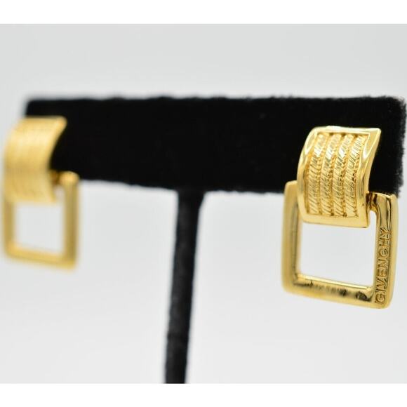 Givenchy Vintage Logo Earrings Gold Belt Buckle Dangle Square Runway Signed BinH - Picture 3 of 9